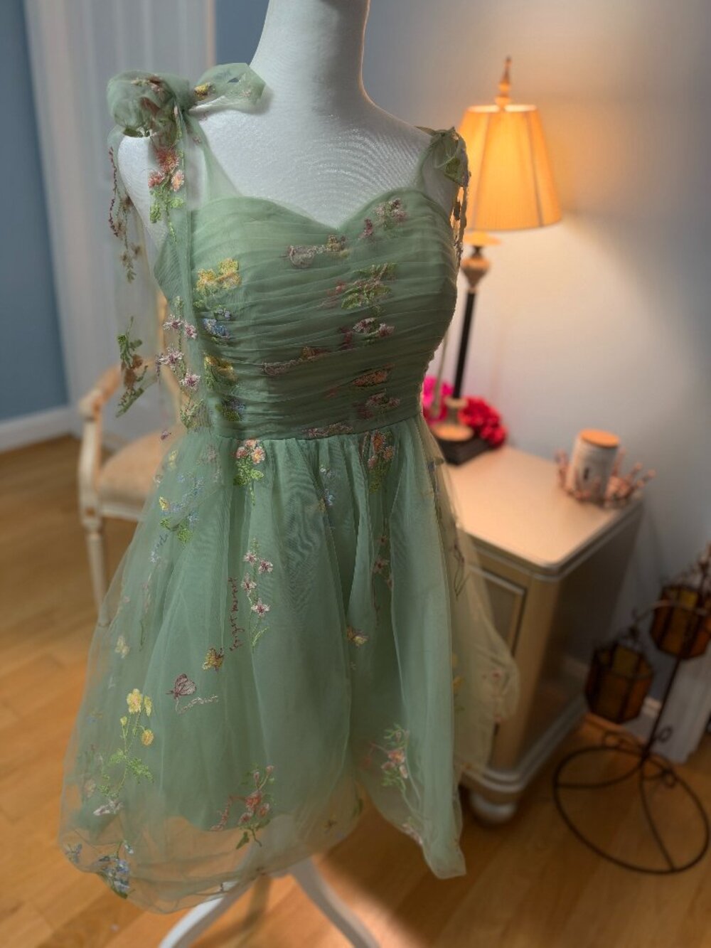 Sage Green Floral Embroidered Tulle Fairycore Mini Dress S 0